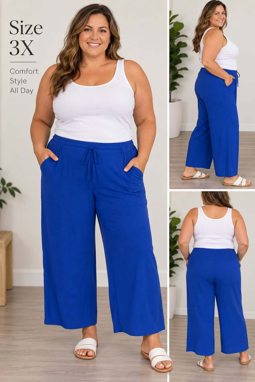 NWT Zac & Rachel Woman Wide Leg Pants Size 3X Blue Drawstring Pocket